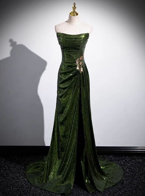 Elegant Green Strapless Sleeveless Mermaid Satin Prom Dresses with Slit main image 0