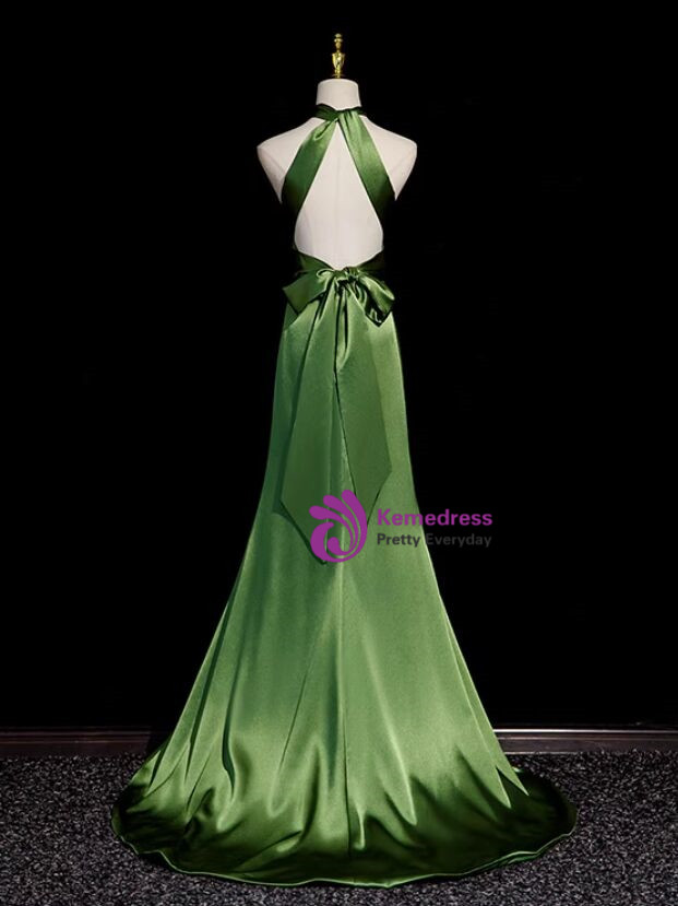 Satin Halter Pleats Dark Green Prom Dresses main image 1