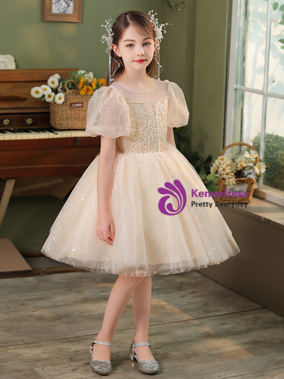 Square Neck Flutter Sleeve Girl's Dress Champagne