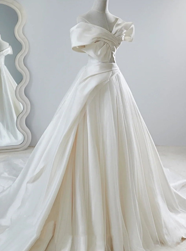 Ivory Lace Satin Wedding Dresses, Off The Shoulder Bridal Dresses main image 0