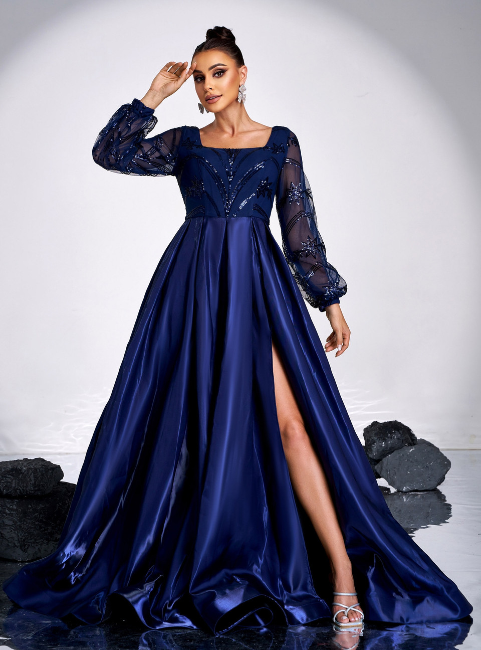 Navy Bloom Sheath Halter Neck Satin Long Bridesmaid Dress main image 0
