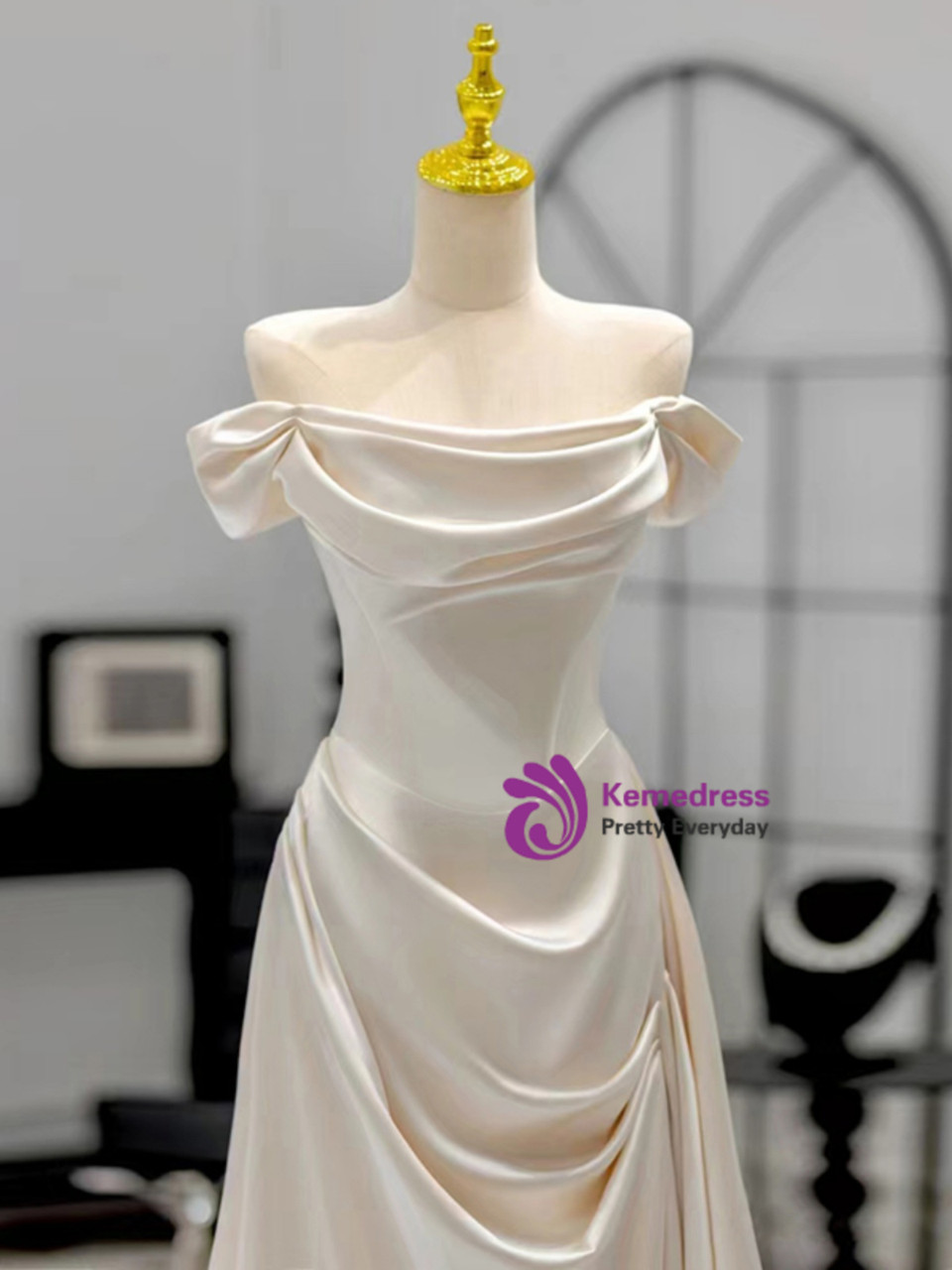 Off the Shoulder Pleated A Line Ivory Wedding Dress