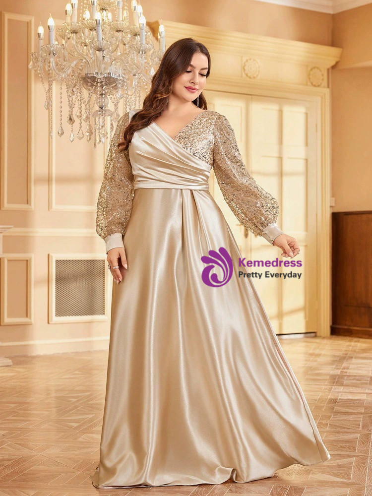 High Neck Full Length Dress with Slit Champagne Plus Size main image 1