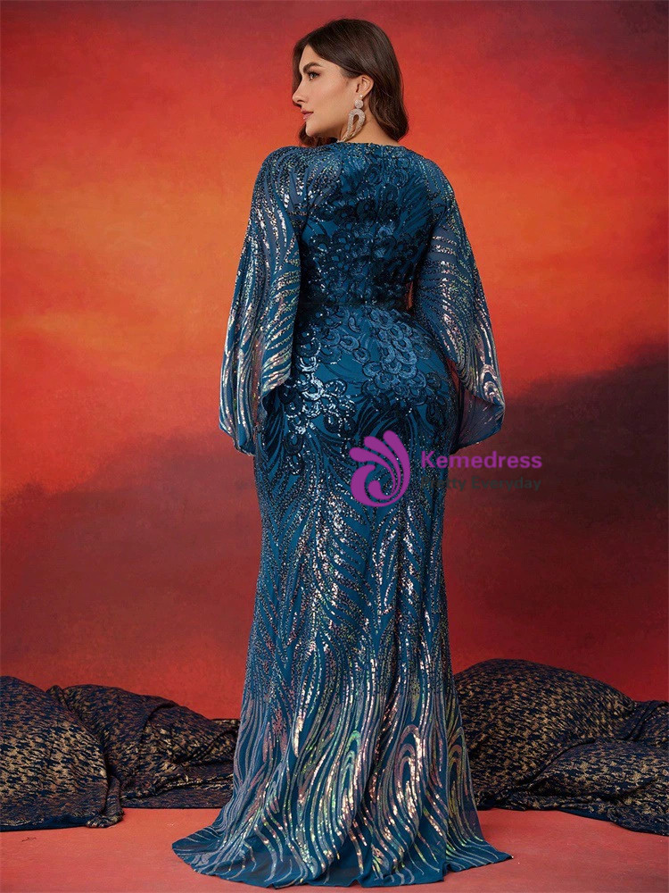 Cowl Neck Mermaid Satin Prom Dress Ocean Blue Plus Size