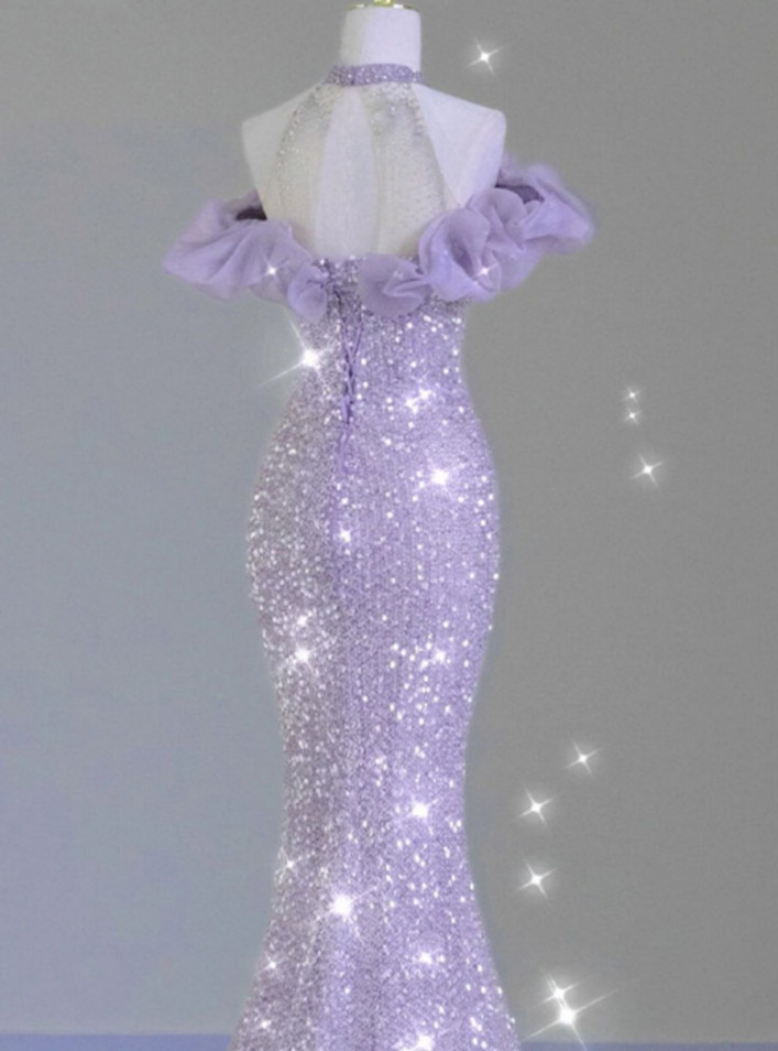 Vintage Halter Purple Beaed Chiffon Mermaid Prom Dress Long Party Evening Dress Y7503