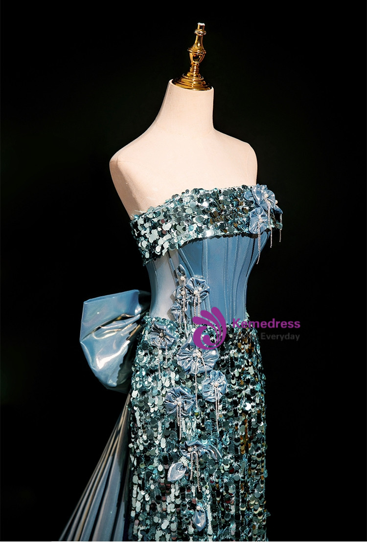 Luxury Mermaid Long Sleeve Shiny Blue Tassels Junior Prom Dresses with Court Train