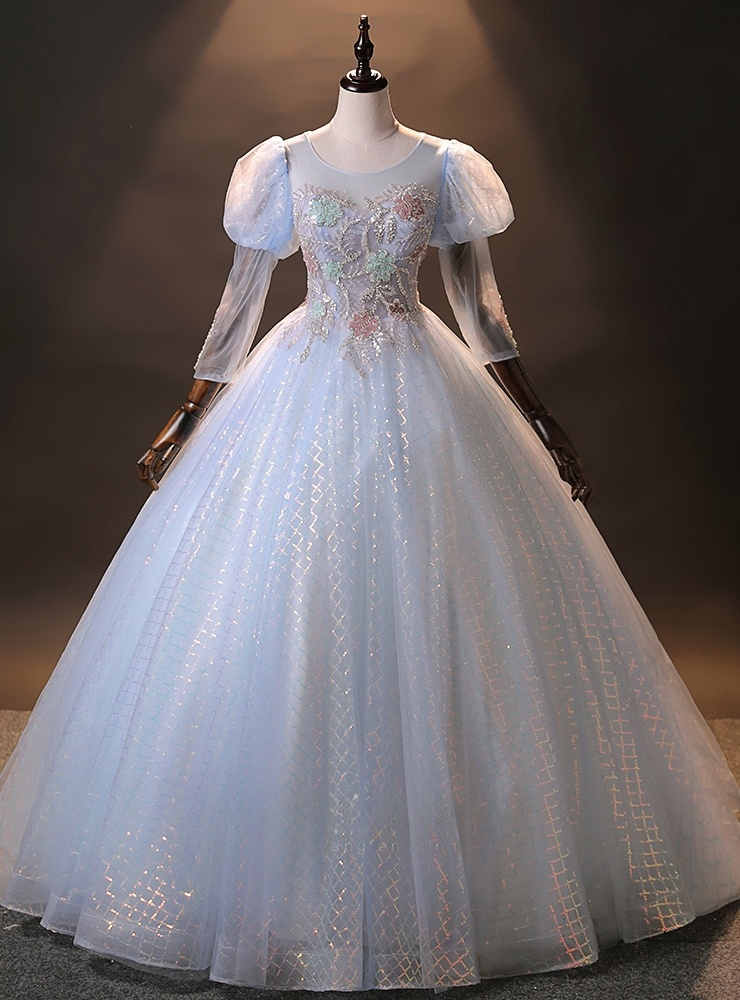 Light Blue Tulle Backless Short Sleeve Appliques Quinceanera Dress main image 0