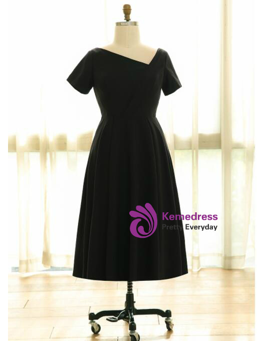 Plus Size Black Satin Tea Length Asymmetrical Neck Prom Dress