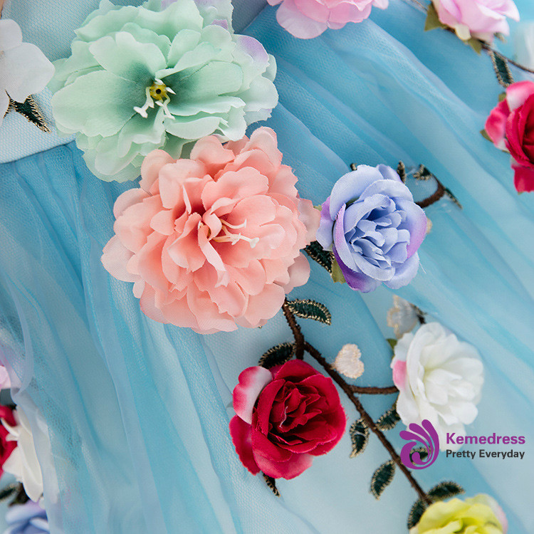 Blue Tulle Flower Girl Dress with Applique and Fabric Flowers