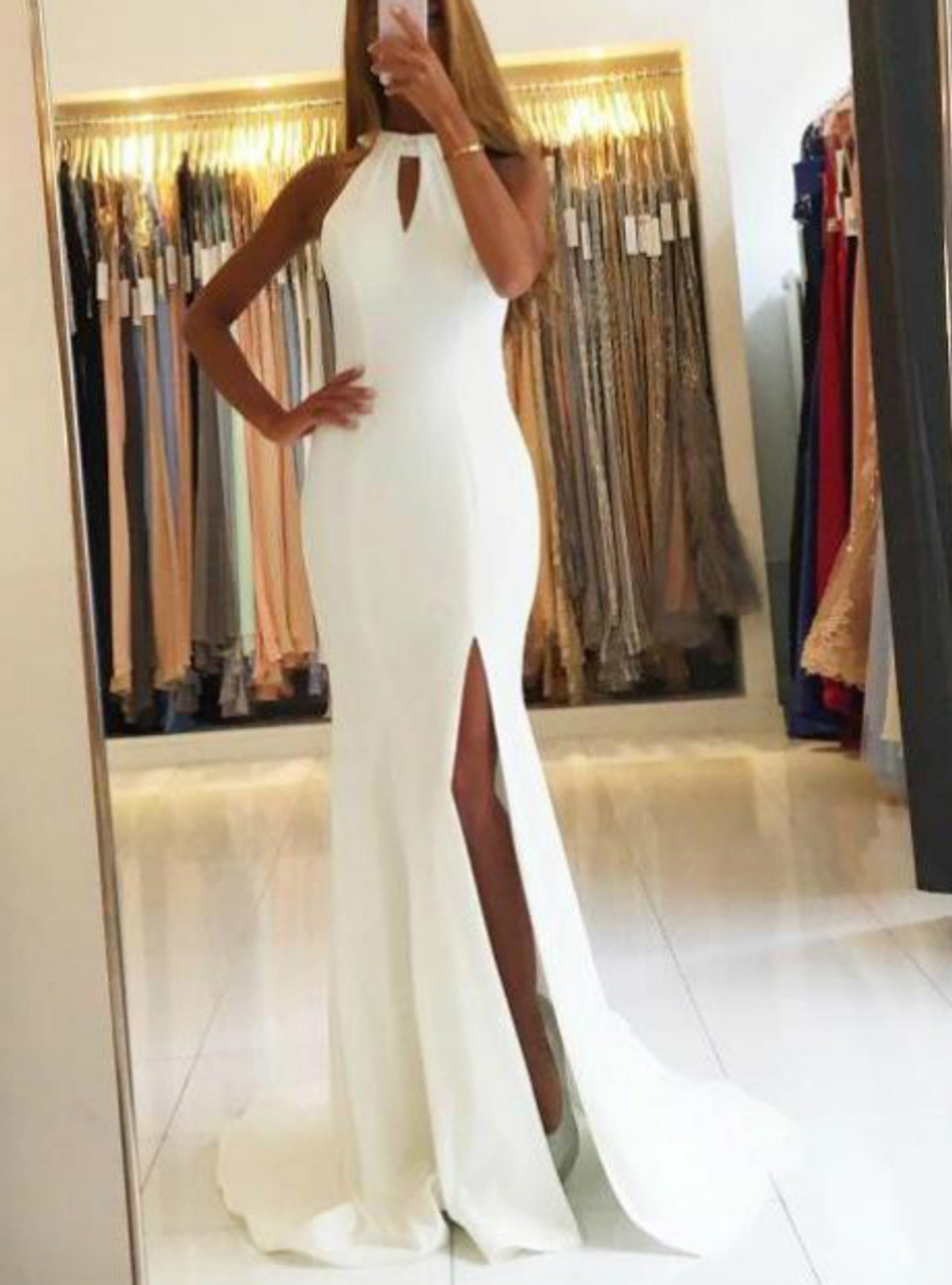 White Halter Mermaid Long Sweep Train Slit Side White Prom Dress