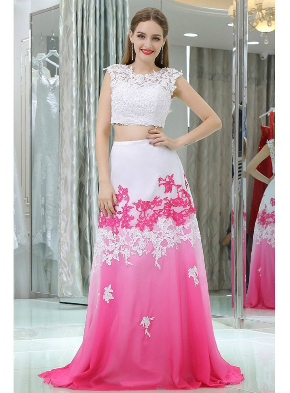White A Line Satin Flowers Two Piece Homecoming Dress
