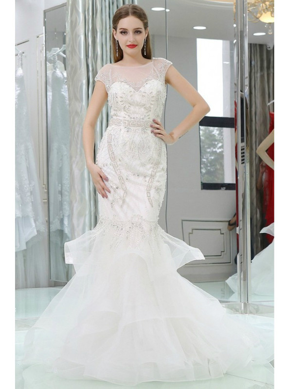 Beaded Tulle Long Prom Dress with Low Back