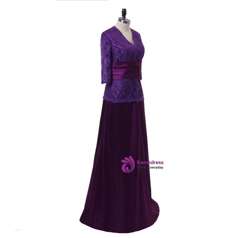 Purple V-Neck A-Line Midi Mother of the Bride Dress with 3D Flower