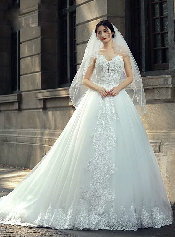White Ball Gown Tulle Long Sleeve Beading Floor Length Wedding Dress