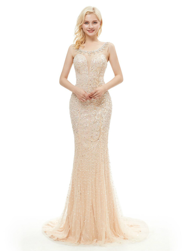 Champagne Mermaid Zipper-Back Crystals Gorgeous Halter Sleeveless  Long Prom Dress, PD0500