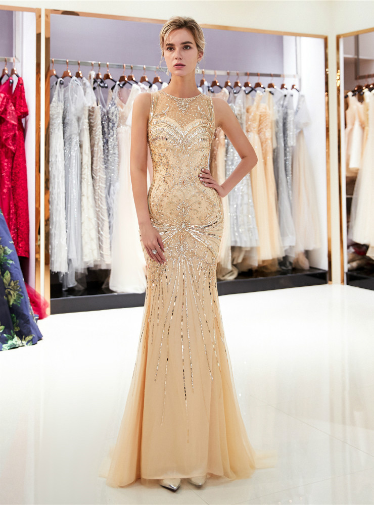 Champagne V-Neck Mermaid Floor-length Prom Dresses
