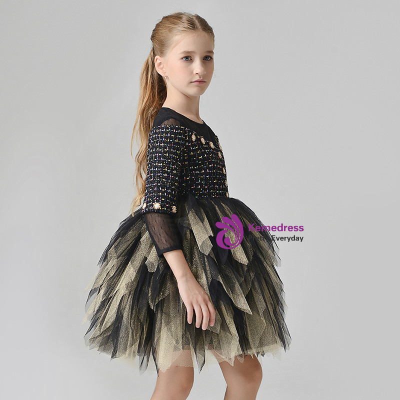 Girl's Dress with Long Sleeves Beige & Black main image 1