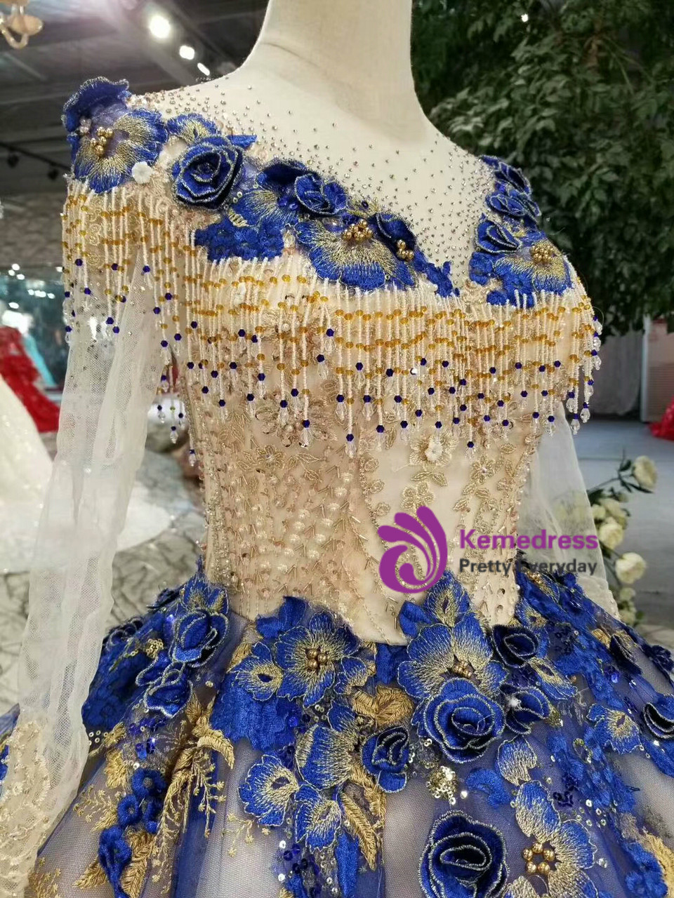 Gold Lace Appliqued Long Chiffon Dresses Royal Blue