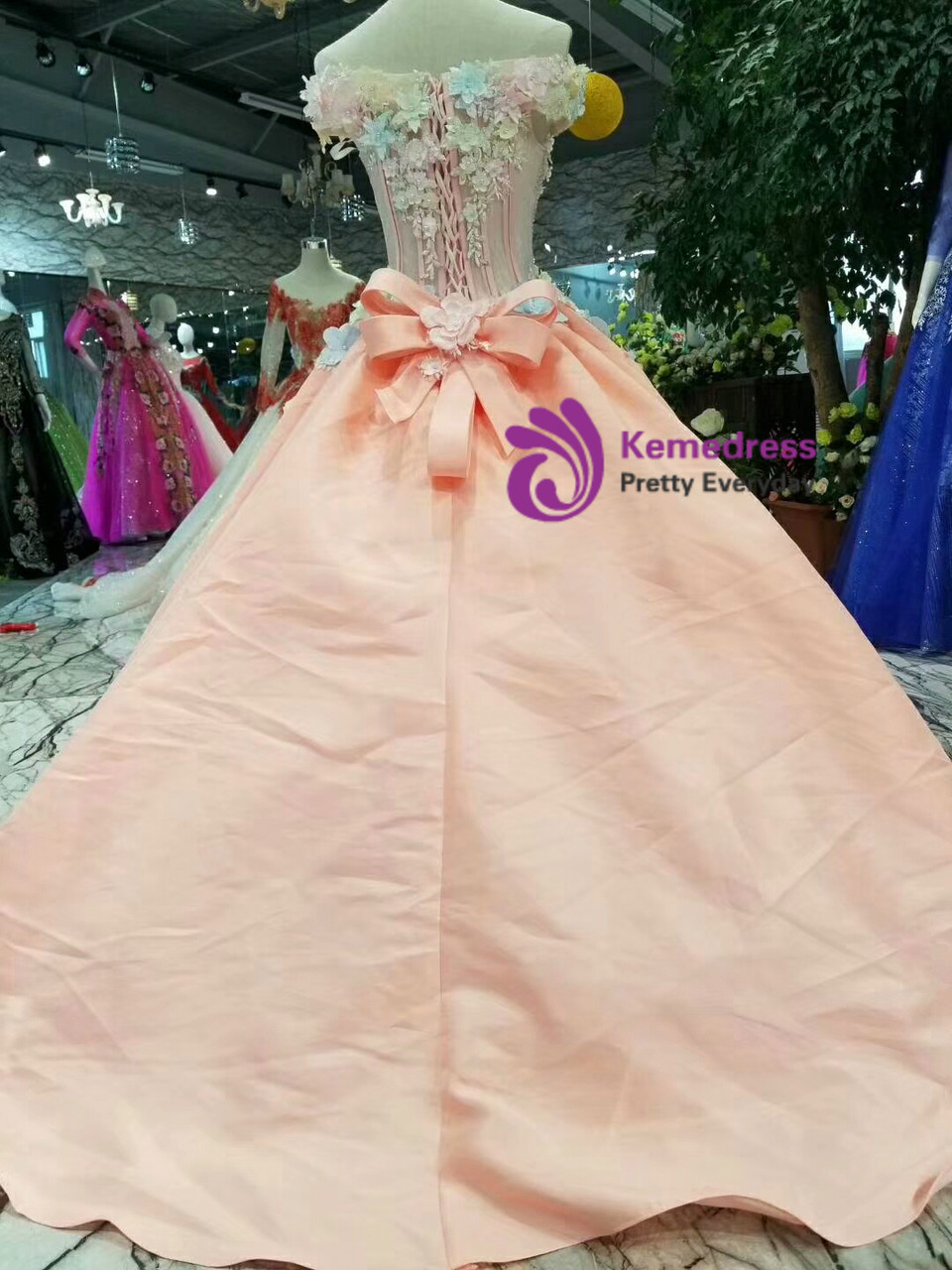 Pink Rose Ball Gown Off the Shoulder Layered Organza Satin Prom Dress Party Dress DP4592