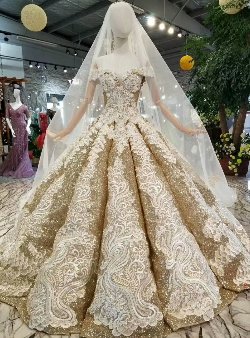 Gold Sequins Wedding Party Gowns main image 1