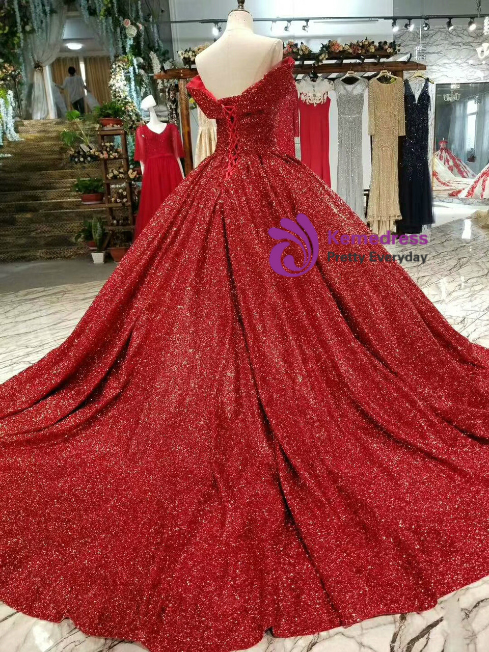 Gorgeous Red Ball Gown Sequins Off The Shoulder Wedding Dress