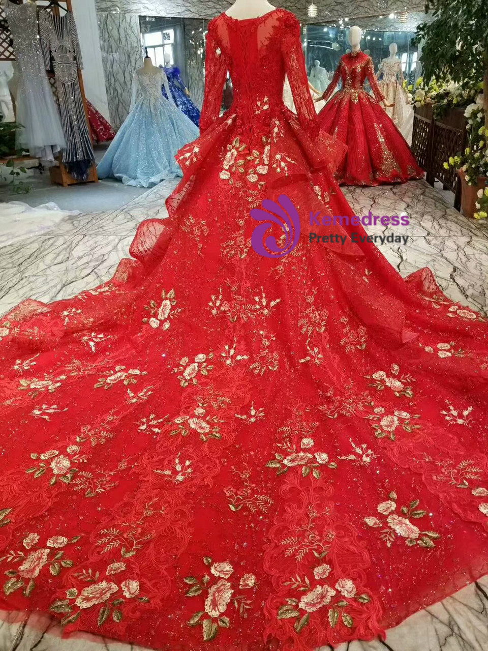 Red Tulle V-neck Long Sleeve Appliques Beading Wedding Dress Ball Gown Y53 main image 1
