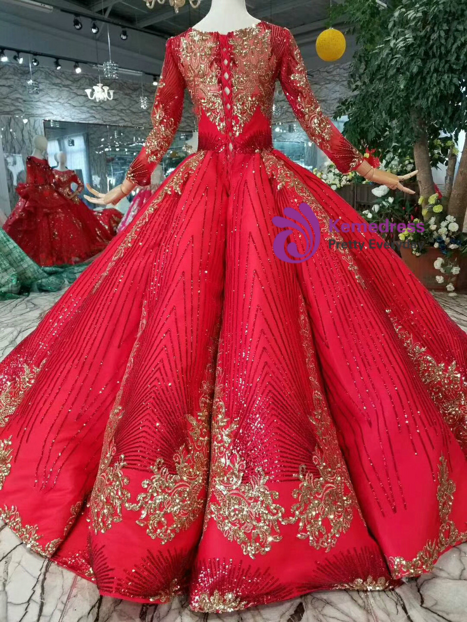 Red Ball Gown Sequins Long Sleeve Wedding Dress With Beading