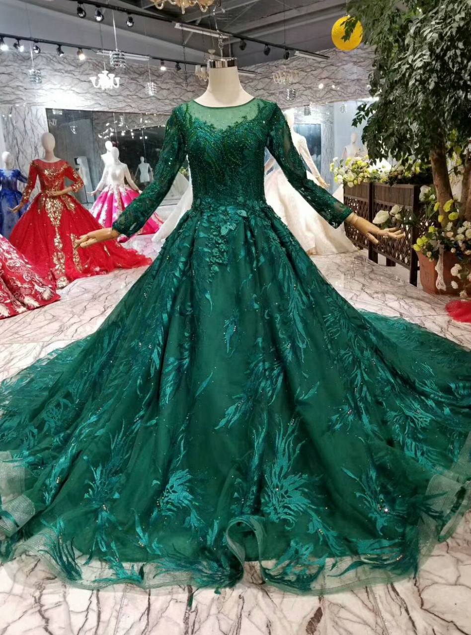 Green Ball Gown Tulle Lace Appliques Long Sleeve Wedding Dress