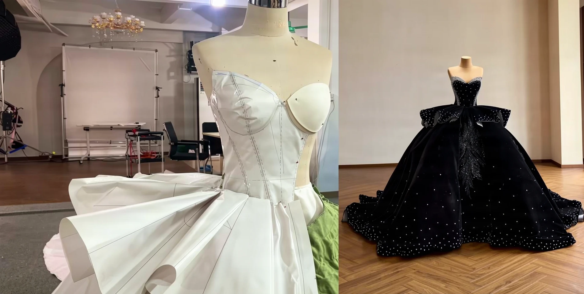 Black Velvet Ball Gown Toile Compared With Finished Dress Comparison between black velvet ball gown toile and finished wedding dress