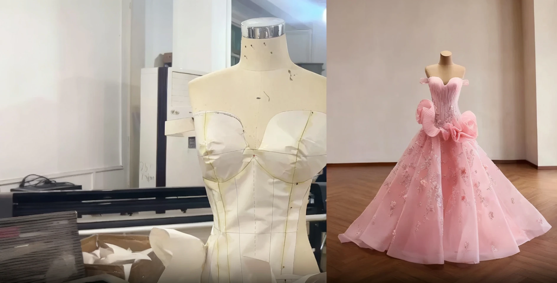 Custom pink formal gown sample displayed on a mannequin inside a dressmaking atelier