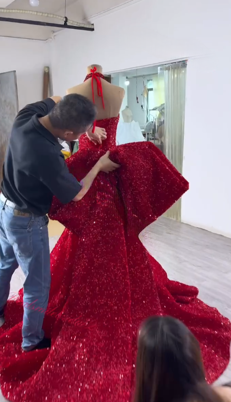 Testing the Detachable Train Custom red wedding dress detachable train fitting session