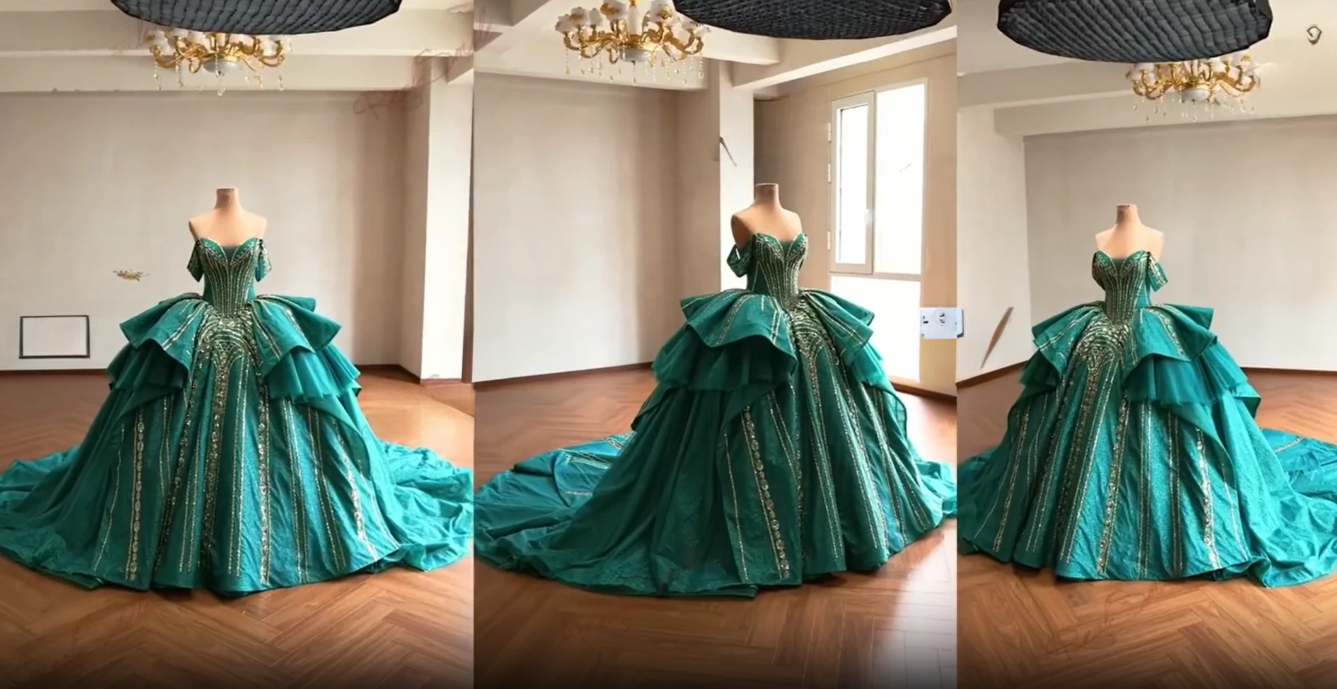 Finished emerald green ball gown on mannequin