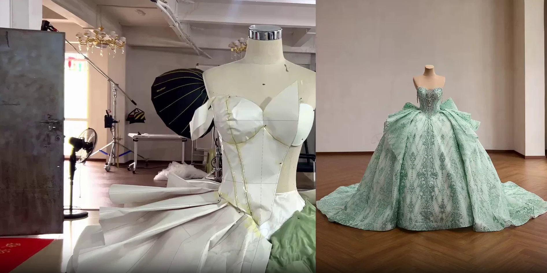 Mint green ball gown toile in muslin compared with the finished gown