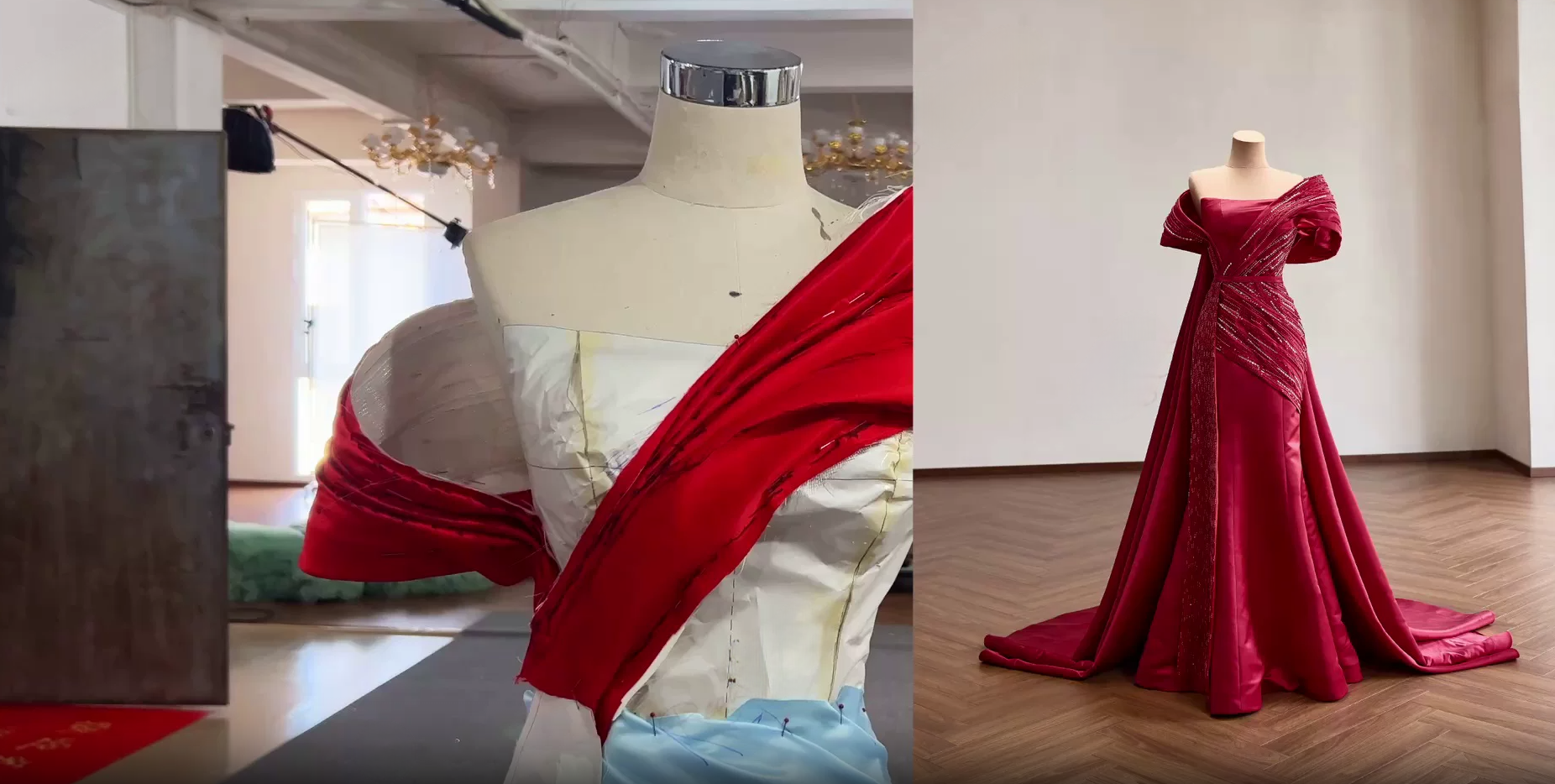 Muslin draping compared with the finished red satin gown with train