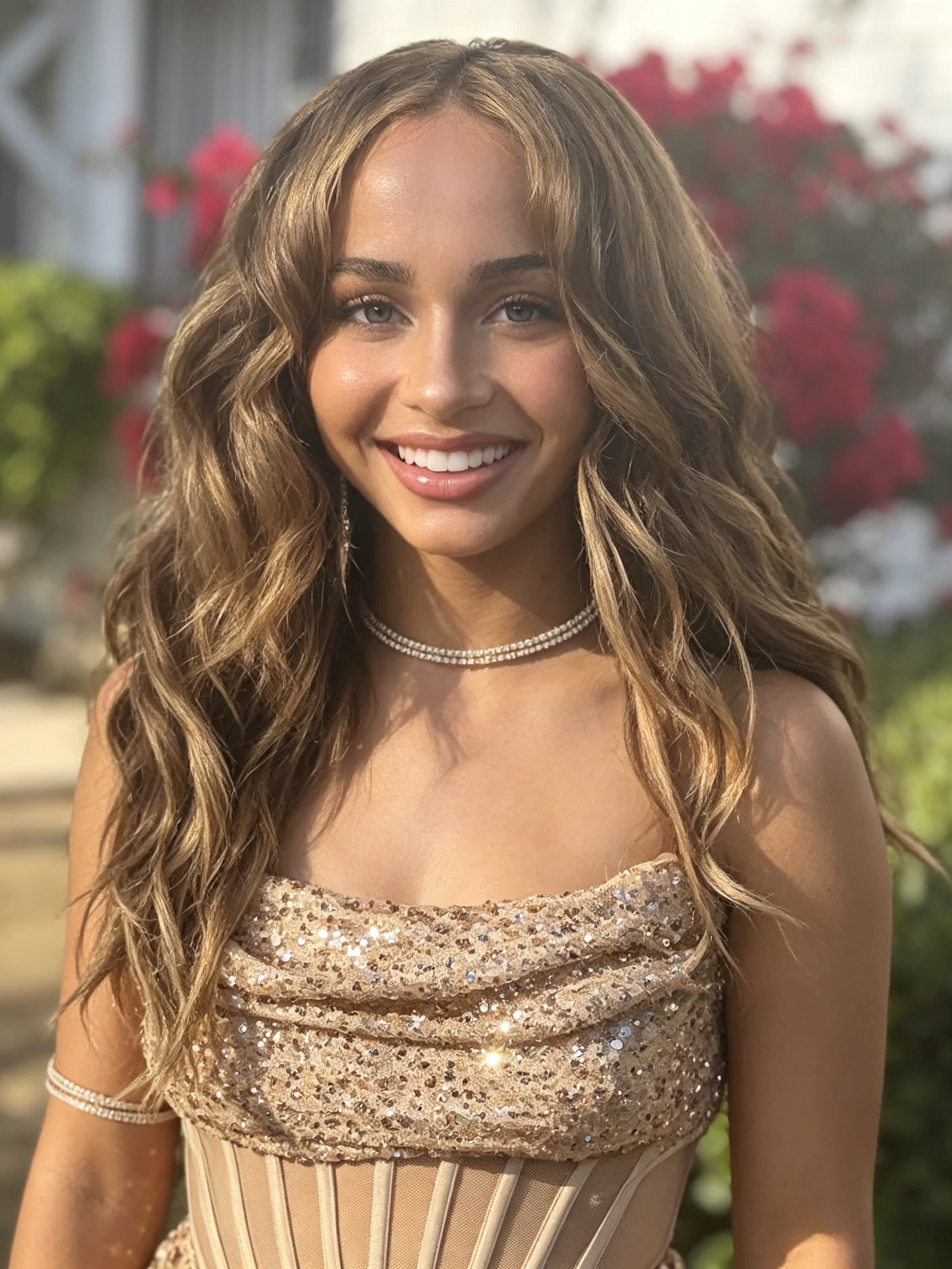 Champagne corset sequin prom gown smile portrait