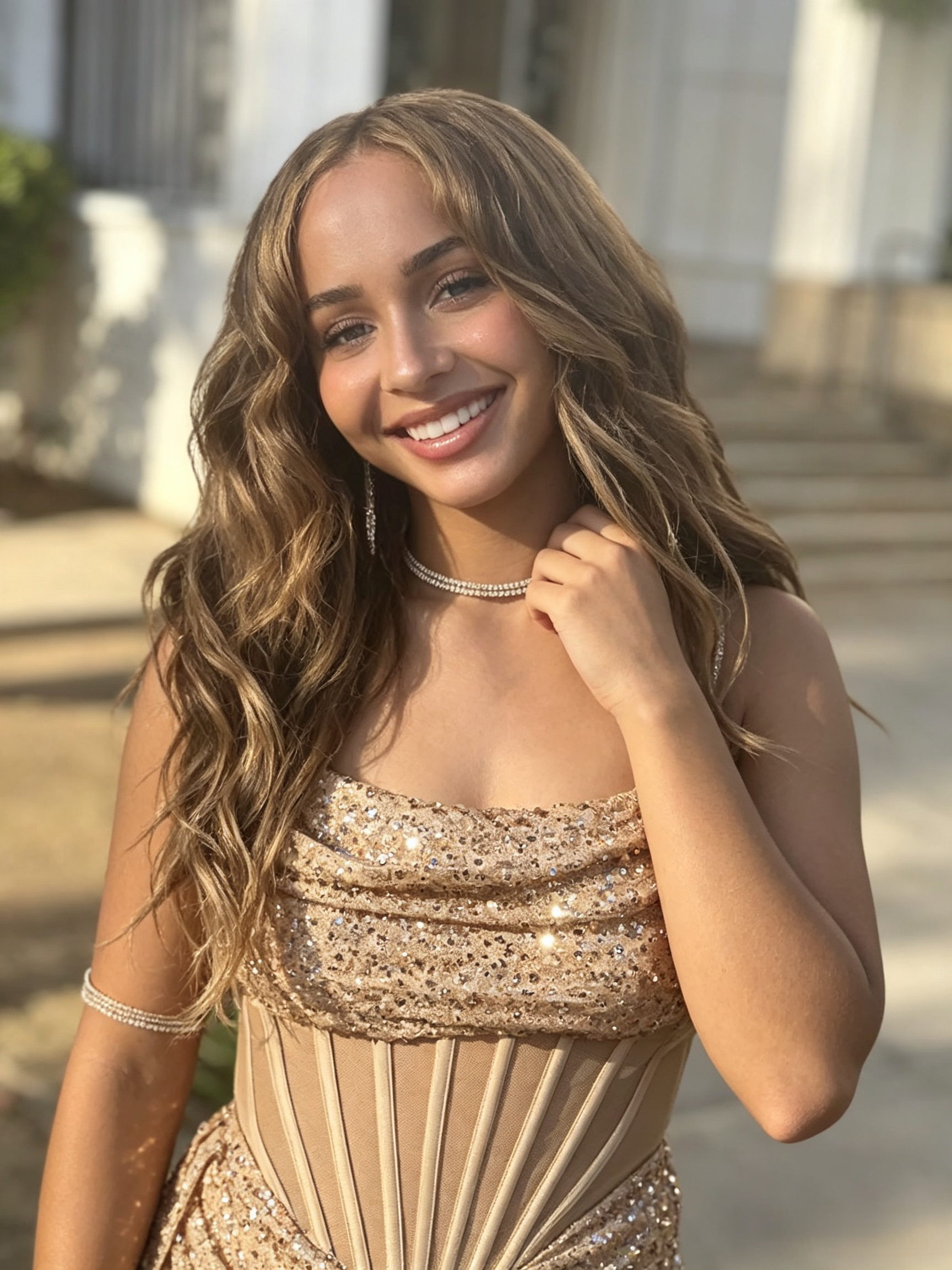 Champagne sequin prom gown jewelry detail portrait