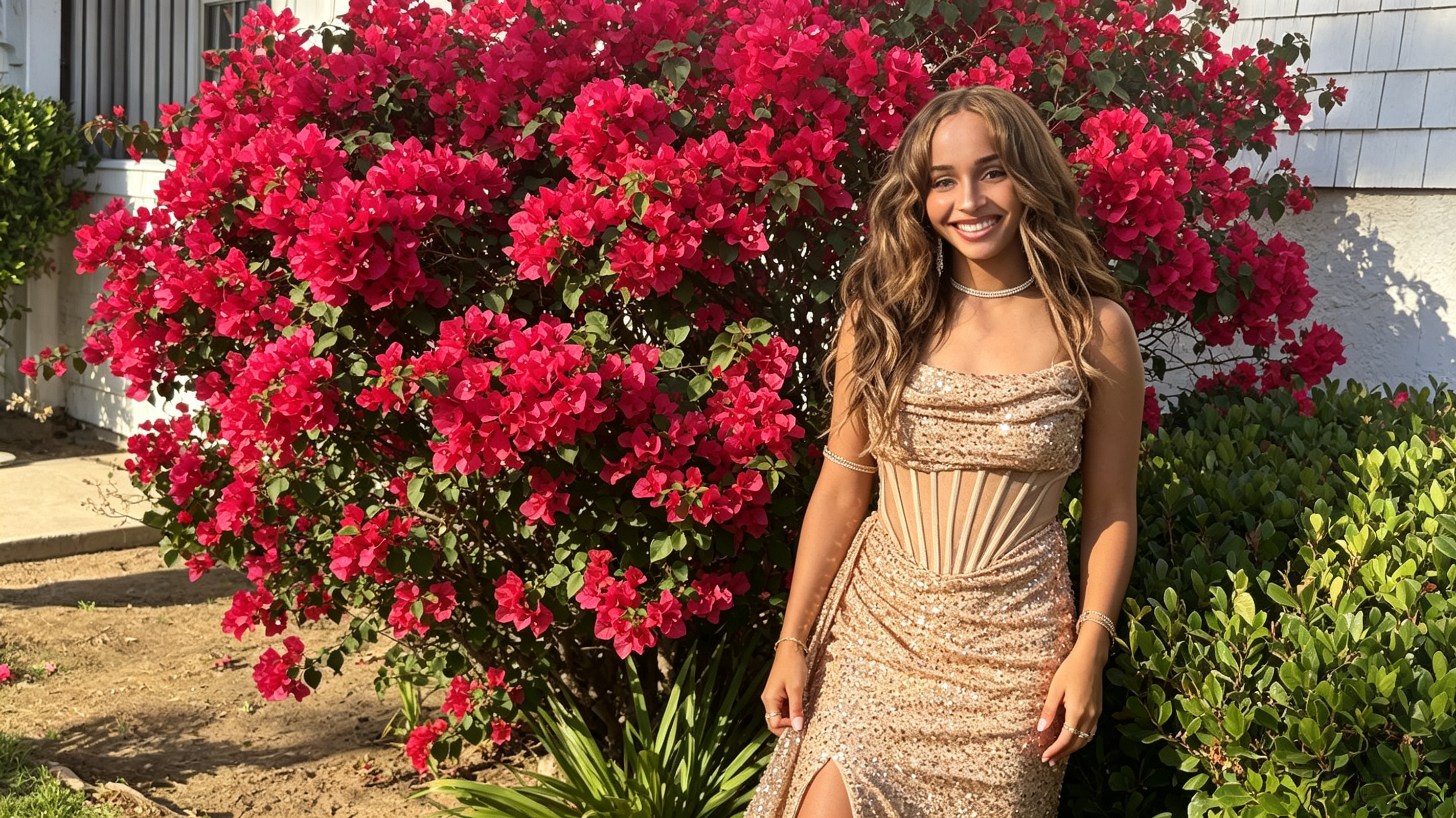 Champagne sequin mermaid prom gown beside red bougainvillea