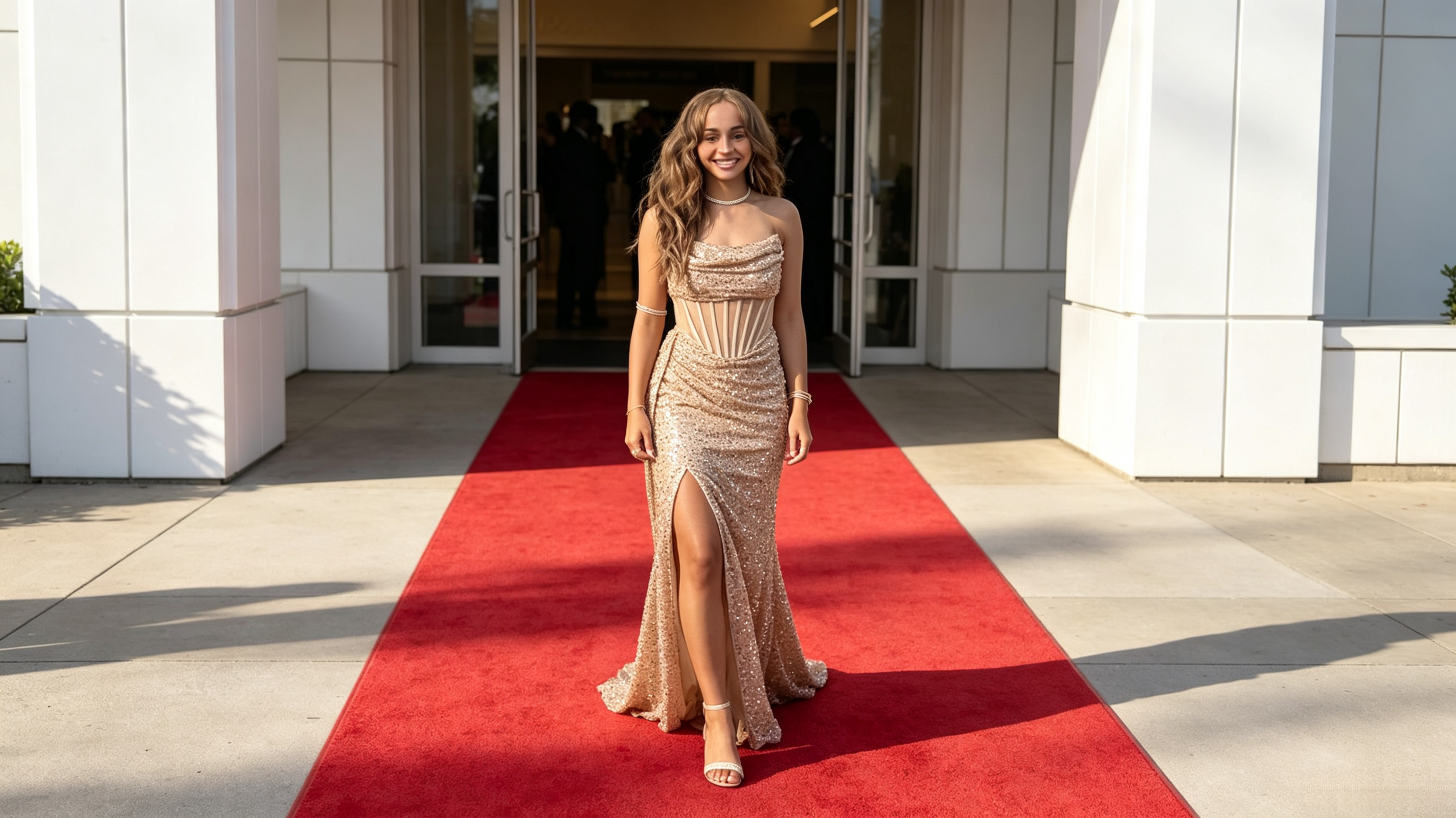 Champagne sequin prom gown arriving on a red carpet