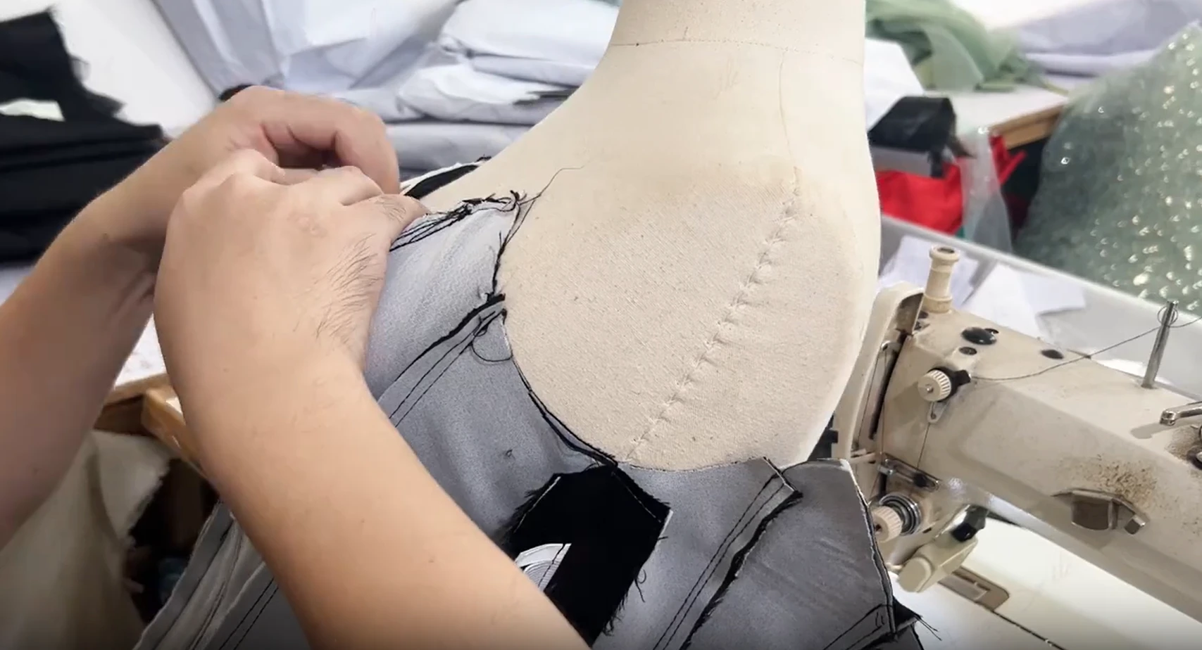 Stitching lighter skirt panels under the presser foot