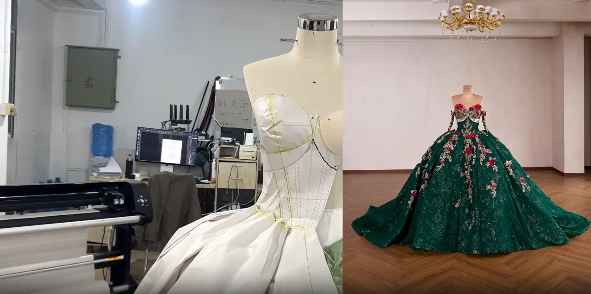 White muslin toile beside finished green gown