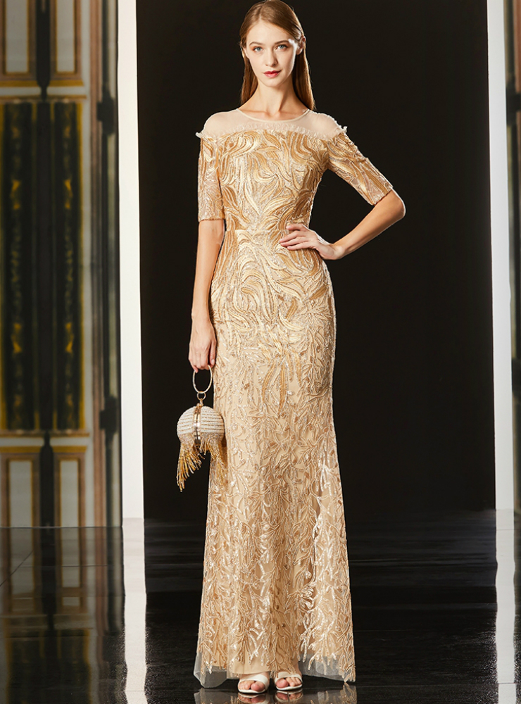 slim fit dress slacks Tea Length A-Line Sequin Wedding Guest Dress with Short Sleeves main image 1