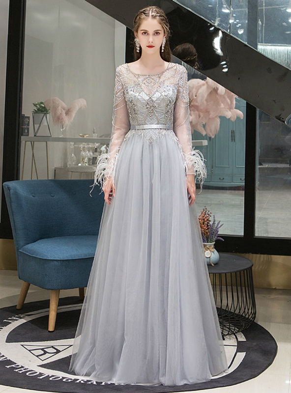 gray formal dress with sleeves A-Line Tulle Long Sleeve Beading Feather Prom house maxi dress