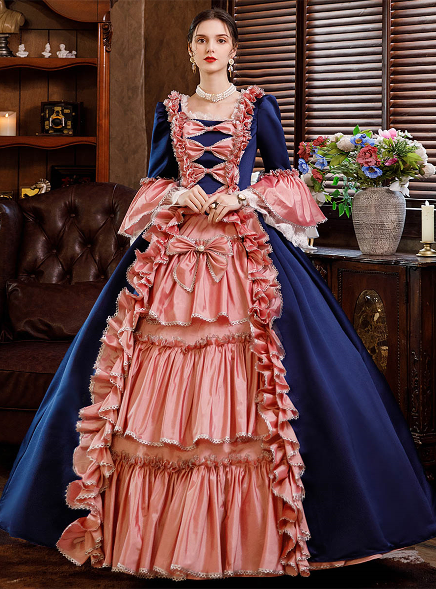 Navy Blue Pink Satin Ruffles Bow Baroque Antonietta Dress