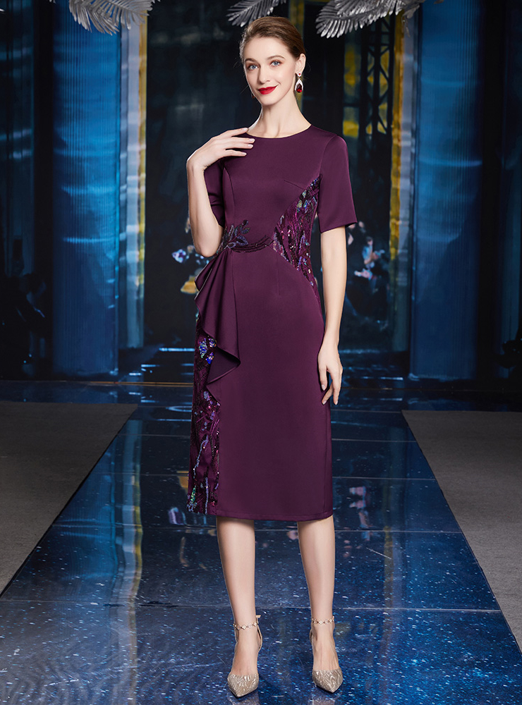 Purple Short Sleeve Tea Length Mother Of The Bride Dress