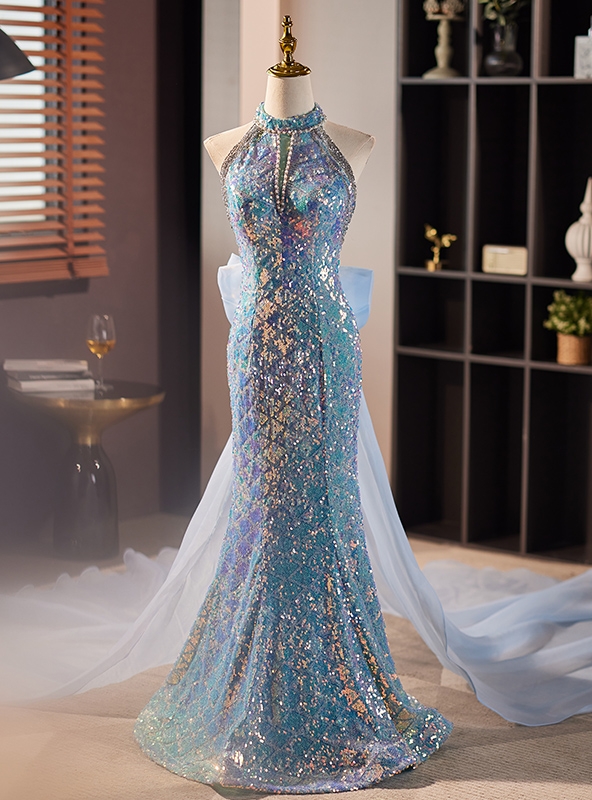chinese dress ladies Gorgeous Shiny Blue Sequins Mermaid Backless Prom Dress, Formal Gown C –  cherishgirls