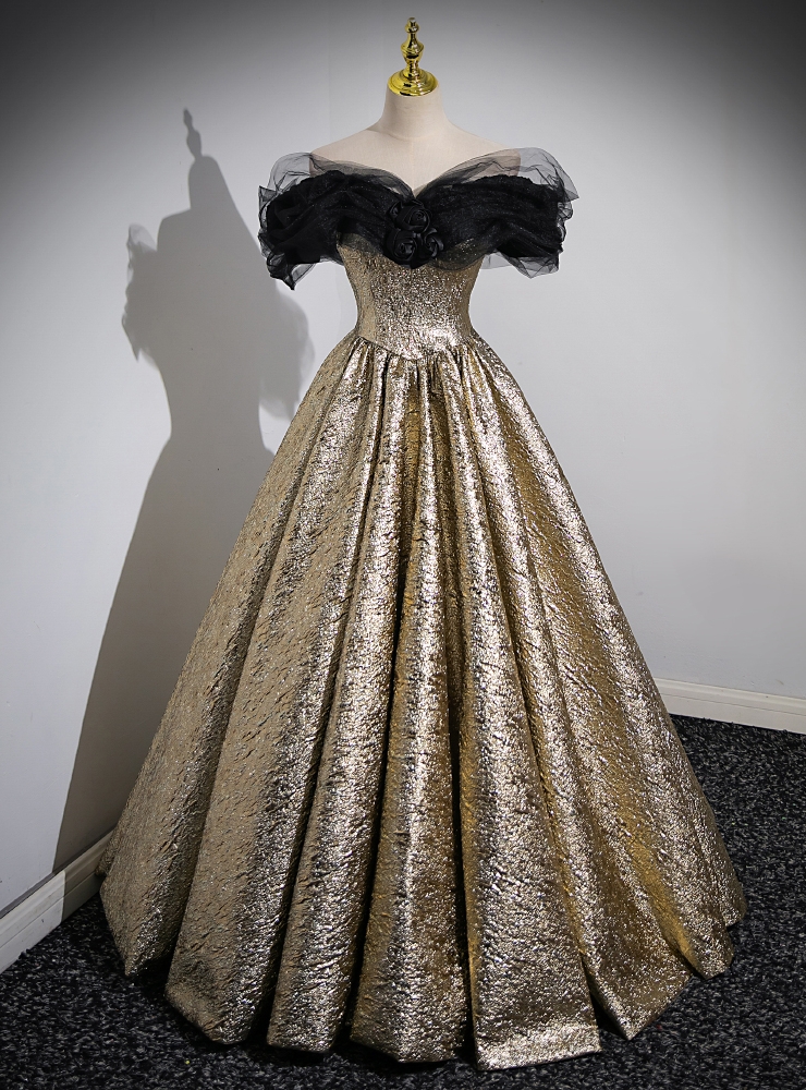 black prom dress with gold flowers Off the Shoulder Flower elegant black and gold dress