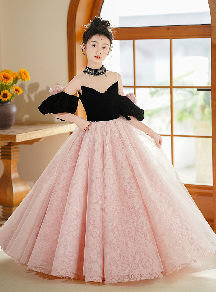 Pink Tulle Black Velvet 3D Flower Dress Pink Tulle Black Velvet 3D Flower Dress