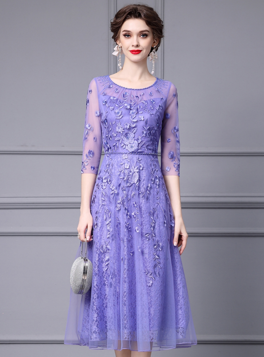 Purple Short Sleeve Lace Embroidery Mother Of The Bride Dress
