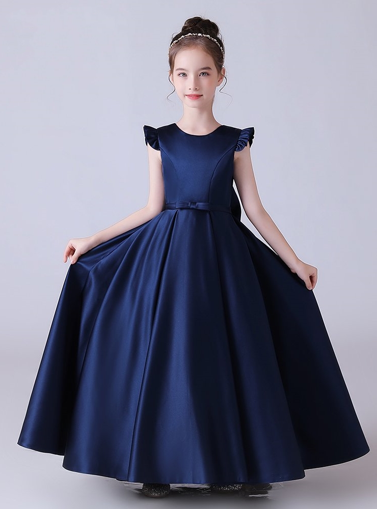 Navy Blue Satin Bow Flower Girl Dress