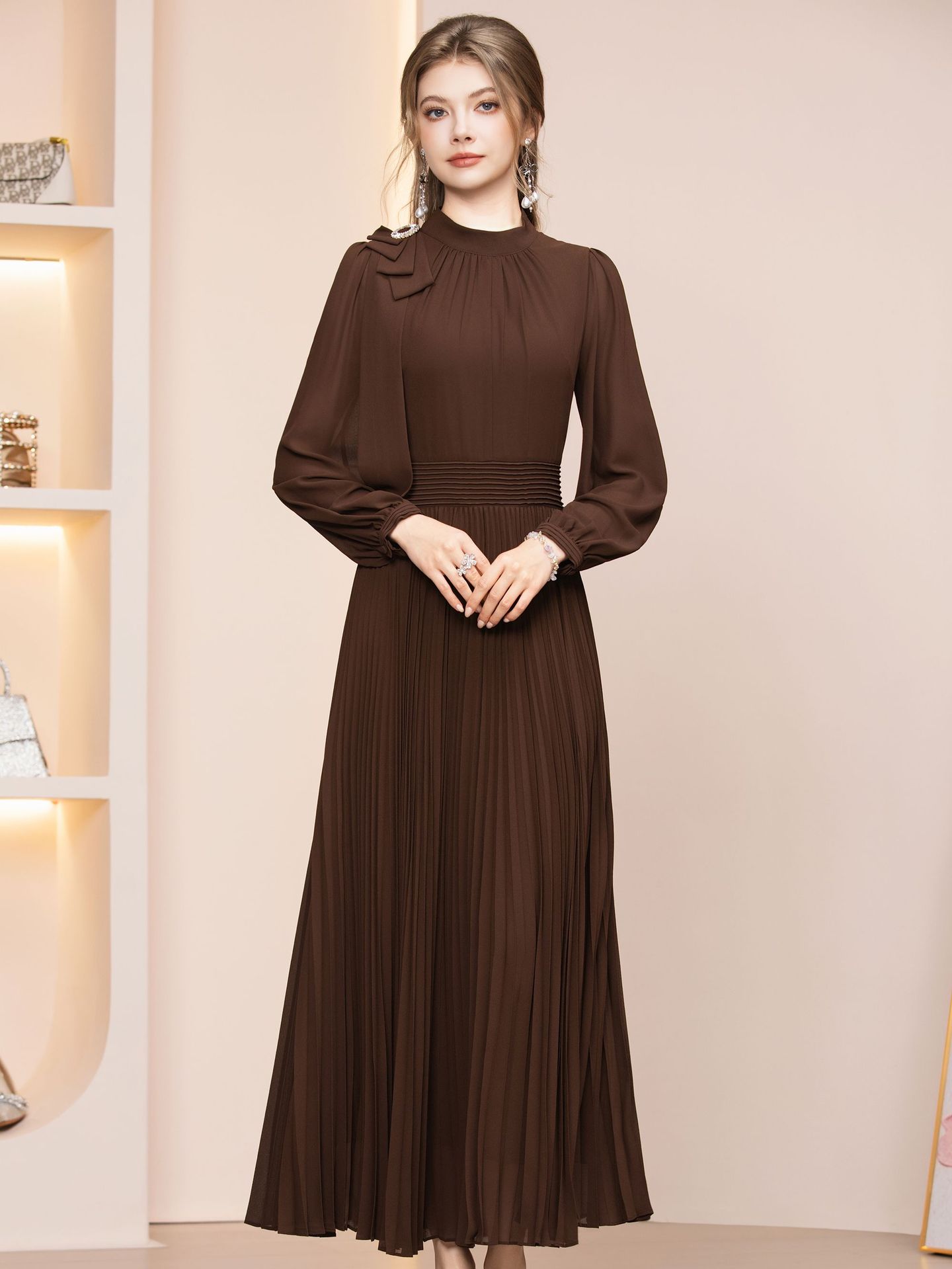 Coffee Chiffon Long Sleeve Pleats Mother of the Bride Dress